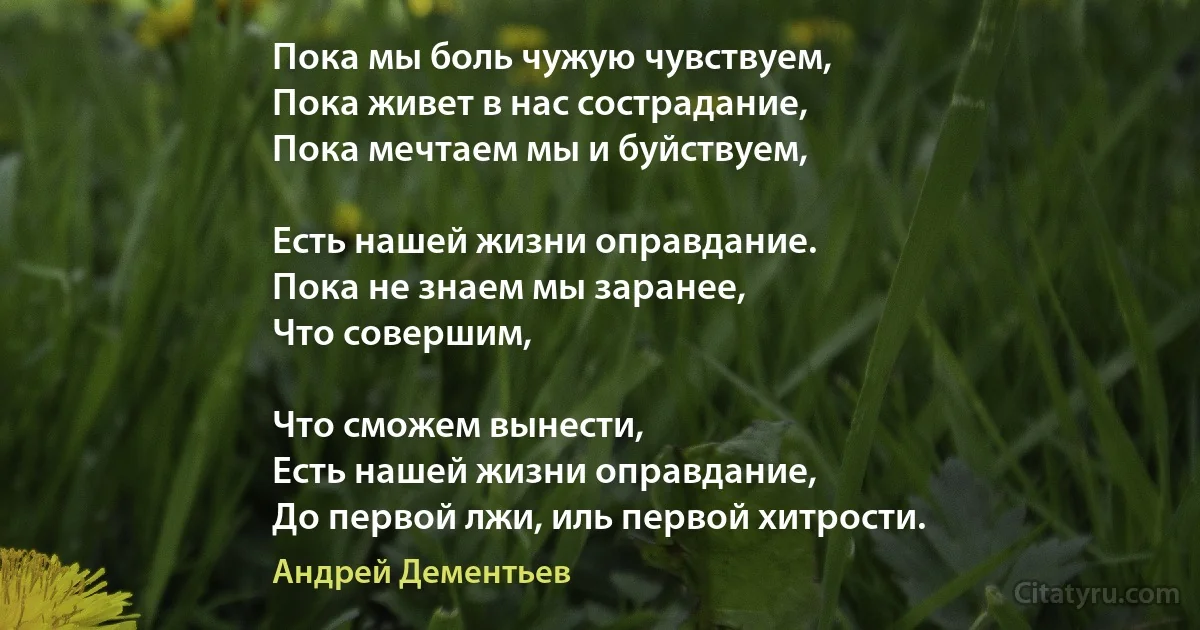 Пока мы боль чужую чувствуем,
Пока живет в нас сострадание,
Пока мечтаем мы и буйствуем,

Есть нашей жизни оправдание.
Пока не знаем мы заранее, 
Что совершим,

Что сможем вынести,
Есть нашей жизни оправдание,
До первой лжи, иль первой хитрости. (Андрей Дементьев)