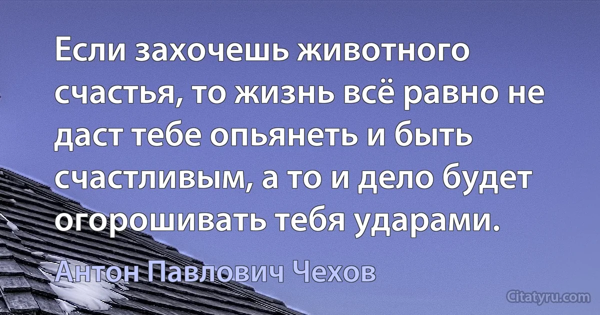 Если захочешь животного счастья, то жизнь всё равно не даст тебе опьянеть и быть счастливым, а то и дело будет огорошивать тебя ударами. (Антон Павлович Чехов)