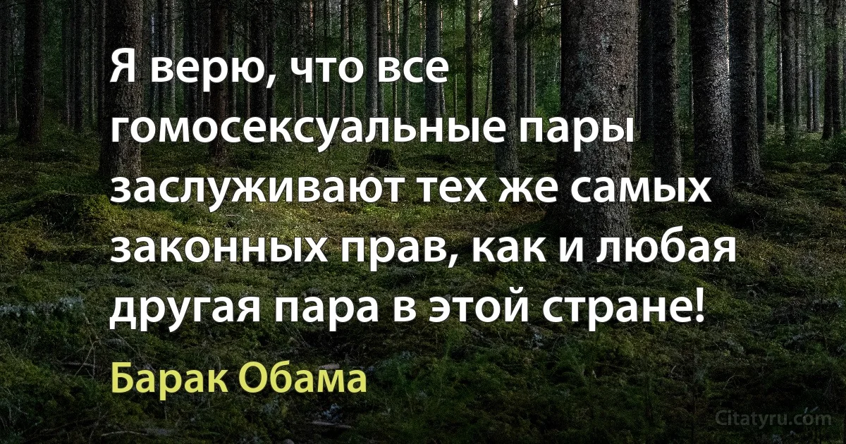 Я верю, что все гомосексуальные пары заслуживают тех же самых законных прав, как и любая другая пара в этой стране! (Барак Обама)