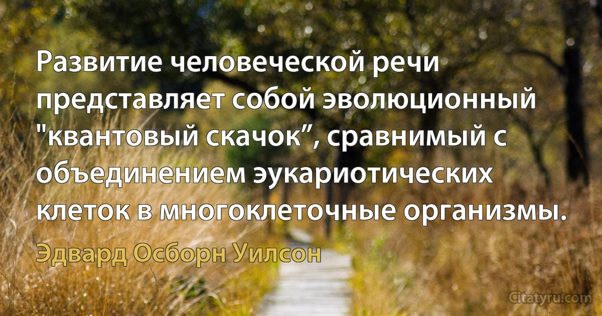 Развитие человеческой речи представляет собой эволюционный "квантовый скачок”, сравнимый с объединением эукариотических клеток в многоклеточные организмы. (Эдвард Осборн Уилсон)