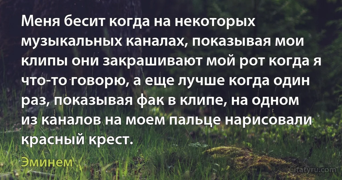 Меня бесит когда на некоторых музыкальных каналах, показывая мои клипы они закрашивают мой рот когда я что-то говорю, а еще лучше когда один раз, показывая фак в клипе, на одном из каналов на моем пальце нарисовали красный крест. (Эминем)