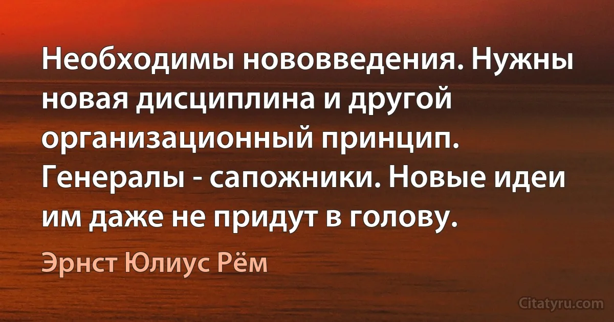 Необходимы нововведения. Нужны новая дисциплина и другой организационный принцип. Генералы - сапожники. Новые идеи им даже не придут в голову. (Эрнст Юлиус Рём)