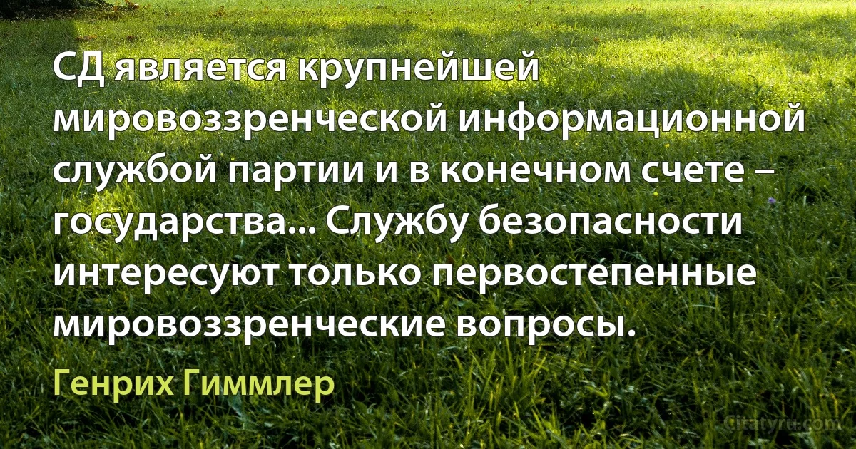 СД является крупнейшей мировоззренческой информационной службой партии и в конечном счете – государства... Службу безопасности интересуют только первостепенные мировоззренческие вопросы. (Генрих Гиммлер)