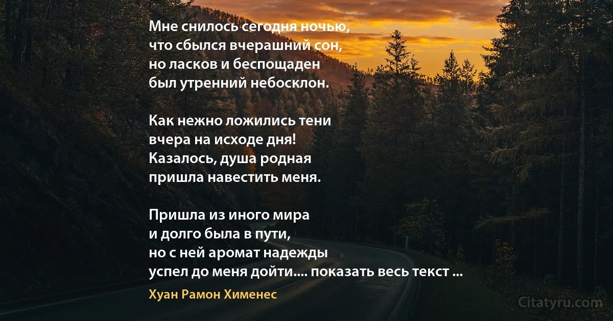 Мне снилось сегодня ночью,
что сбылся вчерашний сон,
но ласков и беспощаден
был утренний небосклон.

Как нежно ложились тени
вчера на исходе дня!
Казалось, душа родная
пришла навестить меня.

Пришла из иного мира
и долго была в пути,
но с ней аромат надежды
успел до меня дойти.... показать весь текст ... (Хуан Рамон Хименес)