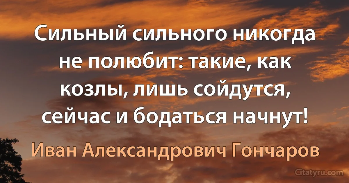 Сильный сильного никогда не полюбит: такие, как козлы, лишь сойдутся, сейчас и бодаться начнут! (Иван Александрович Гончаров)