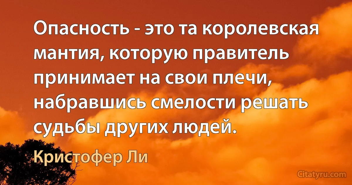 Опасность - это та королевская мантия, которую правитель принимает на свои плечи, набравшись смелости решать судьбы других людей. (Кристофер Ли)