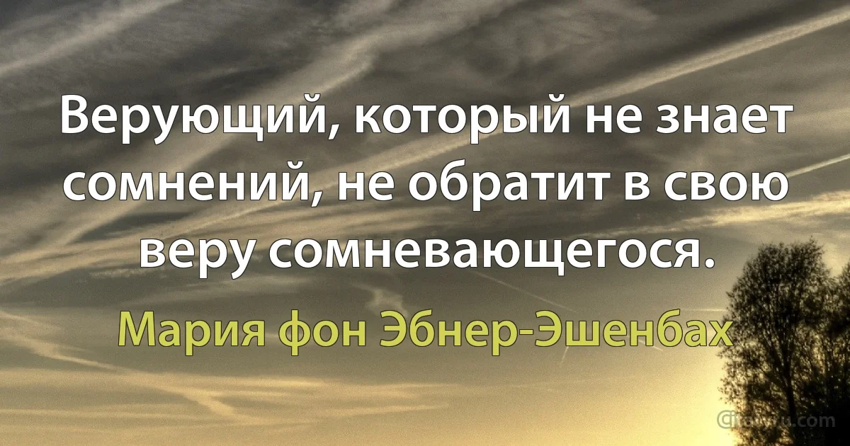 Верующий, который не знает сомнений, не обратит в свою веру сомневающегося. (Мария фон Эбнер-Эшенбах)