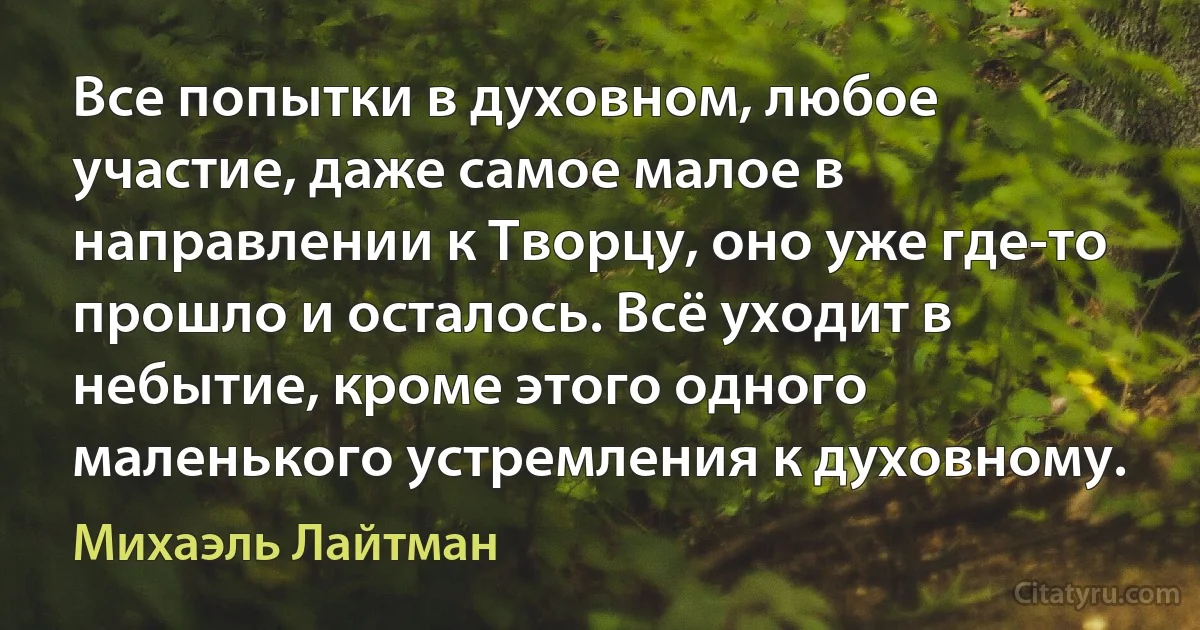 Все попытки в духовном, любое участие, даже самое малое в направлении к Творцу, оно уже где-то прошло и осталось. Всё уходит в небытие, кроме этого одного маленького устремления к духовному. (Михаэль Лайтман)