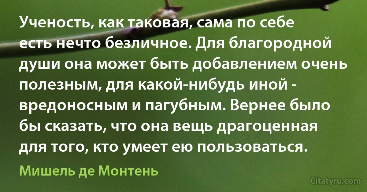 Ученость, как таковая, сама по себе есть нечто безличное. Для благородной души она может быть добавлением очень полезным, для какой-нибудь иной - вредоносным и пагубным. Вернее было бы сказать, что она вещь драгоценная для того, кто умеет ею пользоваться. (Мишель де Монтень)