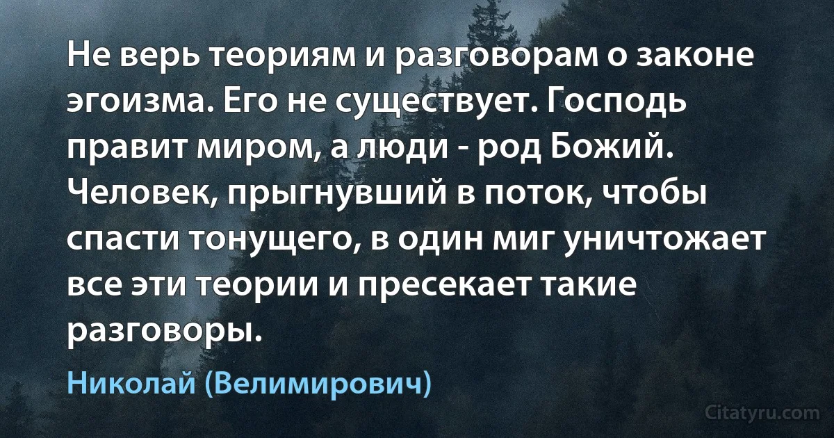 Не верь теориям и разговорам о законе эгоизма. Его не существует. Господь правит миром, а люди - род Божий. Человек, прыгнувший в поток, чтобы спасти тонущего, в один миг уничтожает все эти теории и пресекает такие разговоры. (Николай (Велимирович))