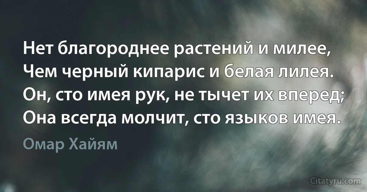 Нет благороднее растений и милее,
Чем черный кипарис и белая лилея.
Он, сто имея рук, не тычет их вперед;
Она всегда молчит, сто языков имея. (Омар Хайям)