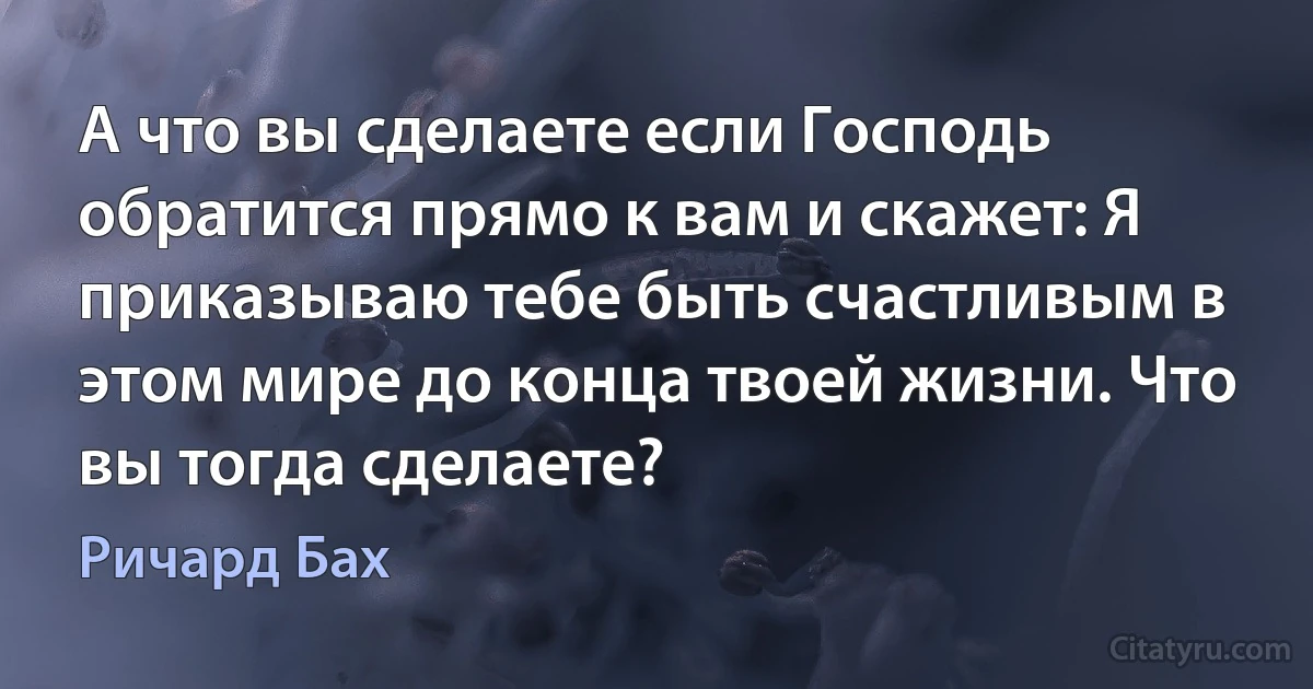 А что вы сделаете если Господь обратится прямо к вам и скажет: Я приказываю тебе быть счастливым в этом мире до конца твоей жизни. Что вы тогда сделаете? (Ричард Бах)