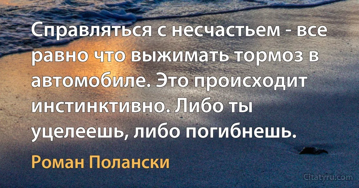 Справляться с несчастьем - все равно что выжимать тормоз в автомобиле. Это происходит инстинктивно. Либо ты уцелеешь, либо погибнешь. (Роман Полански)