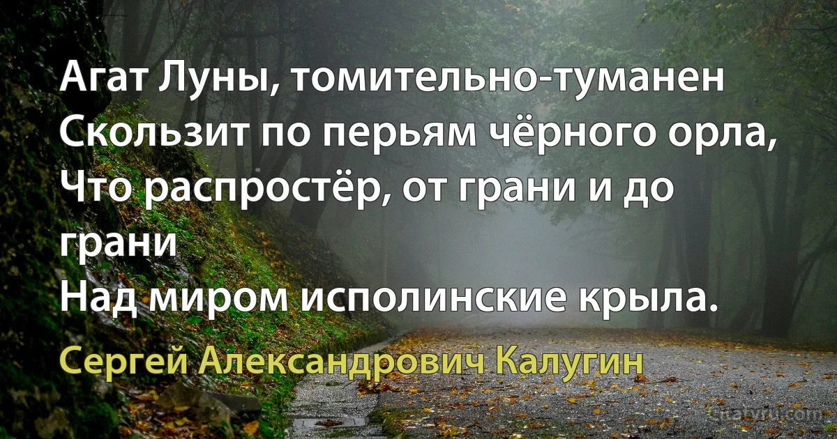 Агат Луны, томительно-туманен
Скользит по перьям чёрного орла,
Что распростёр, от грани и до грани
Над миром исполинские крыла. (Сергей Александрович Калугин)