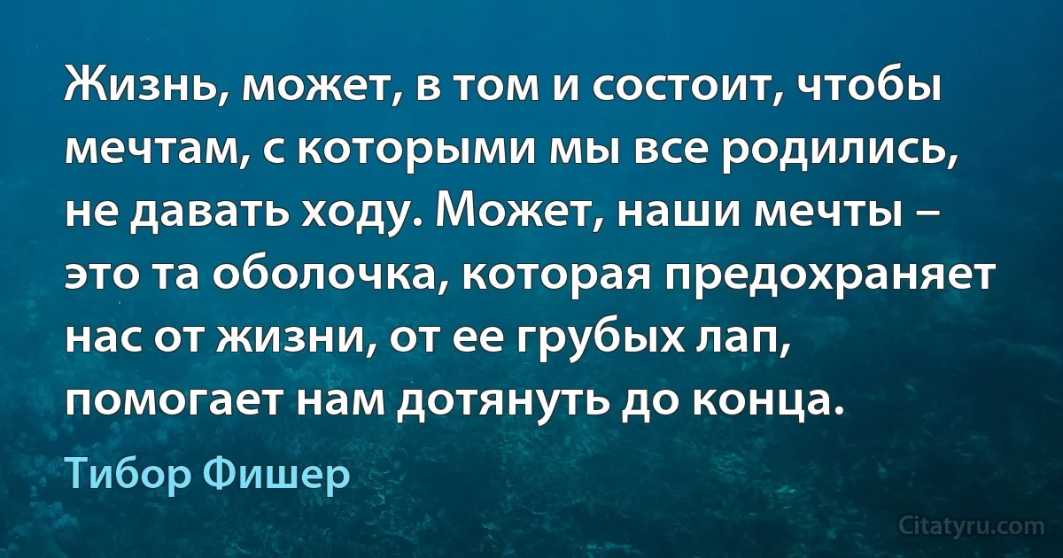 Жизнь, может, в том и состоит, чтобы мечтам, с которыми мы все родились, не давать ходу. Может, наши мечты – это та оболочка, которая предохраняет нас от жизни, от ее грубых лап, помогает нам дотянуть до конца. (Тибор Фишер)