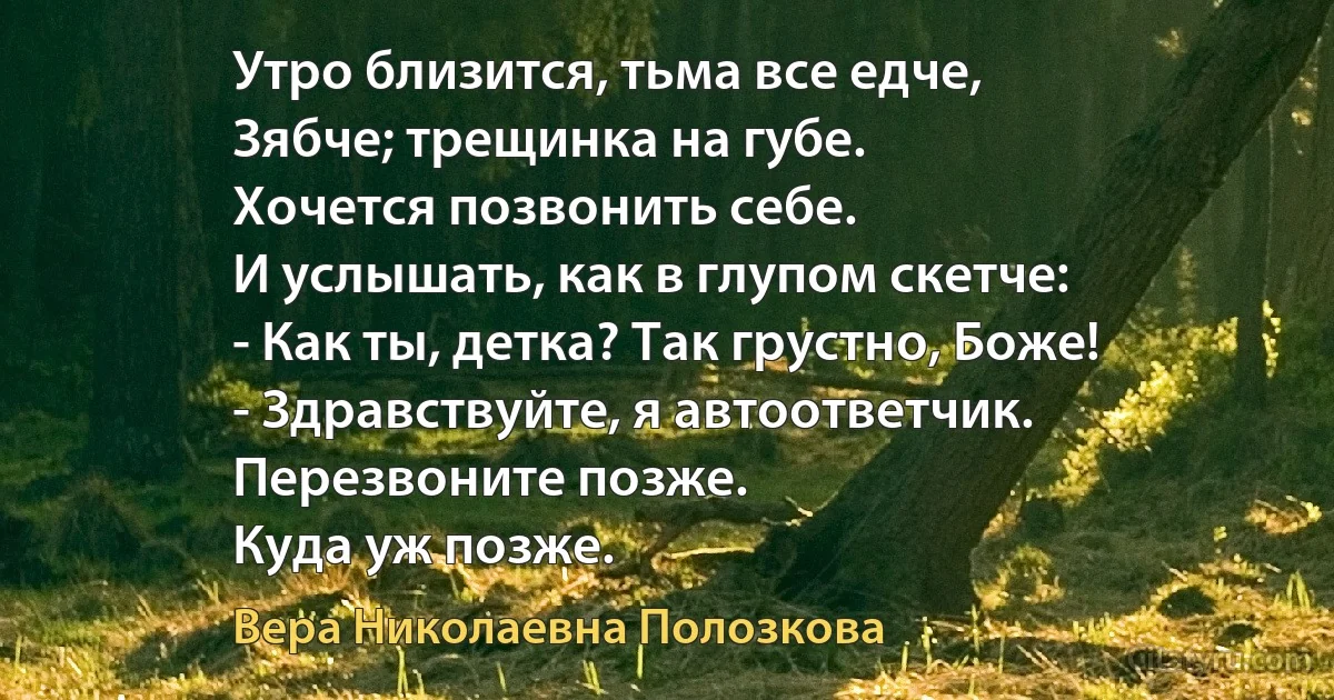 Утро близится, тьма все едче,
Зябче; трещинка на губе.
Хочется позвонить себе.
И услышать, как в глупом скетче:
- Как ты, детка? Так грустно, Боже!
- Здравствуйте, я автоответчик.
Перезвоните позже.
Куда уж позже. (Вера Николаевна Полозкова)