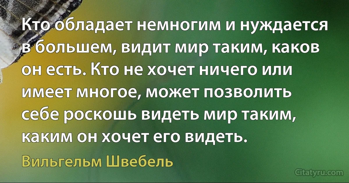 Кто обладает немногим и нуждается в большем, видит мир таким, каков он есть. Кто не хочет ничего или имеет многое, может позволить себе роскошь видеть мир таким, каким он хочет его видеть. (Вильгельм Швебель)