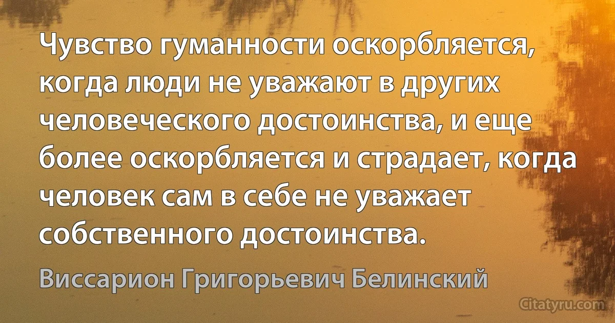 Чувство гуманности оскорбляется, когда люди не уважают в других человеческого достоинства, и еще более оскорбляется и страдает, когда человек сам в себе не уважает собственного достоинства. (Виссарион Григорьевич Белинский)