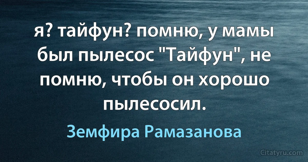 я? тайфун? помню, у мамы был пылесос "Тайфун", не помню, чтобы он хорошо пылесосил. (Земфира Рамазанова)