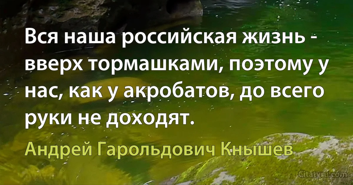 Вся наша российская жизнь - вверх тормашками, поэтому у нас, как у акробатов, до всего руки не доходят. (Андрей Гарольдович Кнышев)