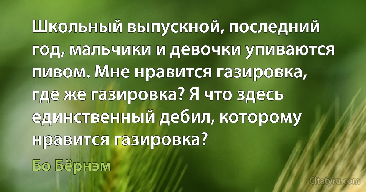 Школьный выпускной, последний год, мальчики и девочки упиваются пивом. Мне нравится газировка, где же газировка? Я что здесь единственный дебил, которому нравится газировка? (Бо Бёрнэм)