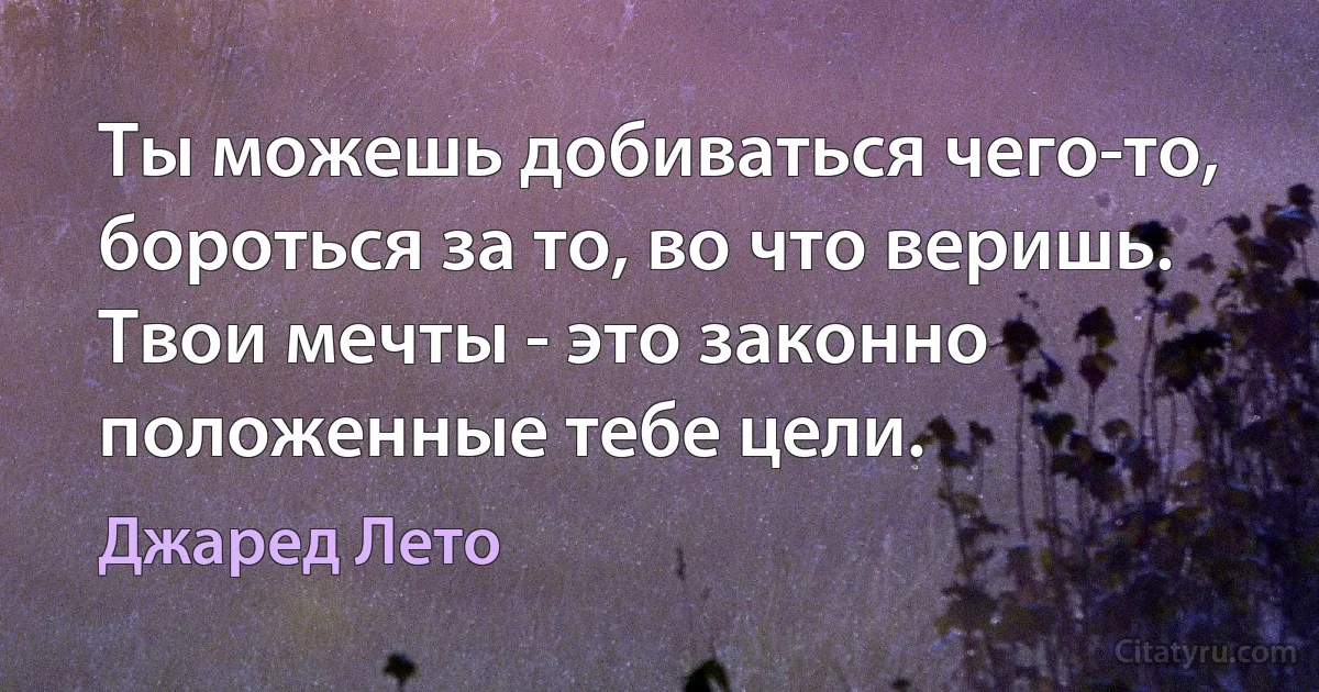 Ты можешь добиваться чего-то, бороться за то, во что веришь. Твои мечты - это законно положенные тебе цели. (Джаред Лето)