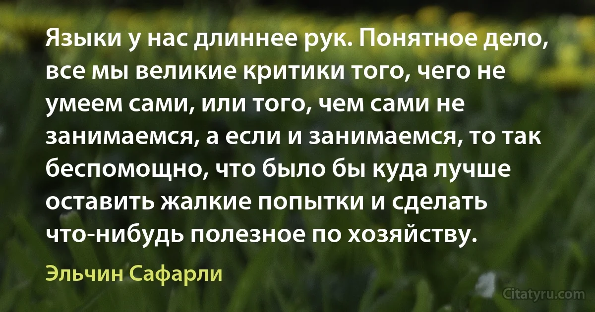 Языки у нас длиннее рук. Понятное дело, все мы великие критики того, чего не умеем сами, или того, чем сами не занимаемся, а если и занимаемся, то так беспомощно, что было бы куда лучше оставить жалкие попытки и сделать что-нибудь полезное по хозяйству. (Эльчин Сафарли)