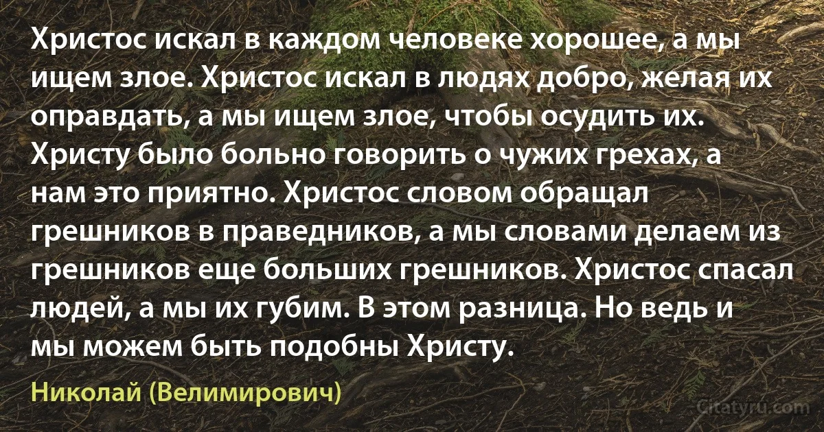 Христос искал в каждом человеке хорошее, а мы ищем злое. Христос искал в людях добро, желая их оправдать, а мы ищем злое, чтобы осудить их. Христу было больно говорить о чужих грехах, а нам это приятно. Христос словом обращал грешников в праведников, а мы словами делаем из грешников еще больших грешников. Христос спасал людей, а мы их губим. В этом разница. Но ведь и мы можем быть подобны Христу. (Николай (Велимирович))