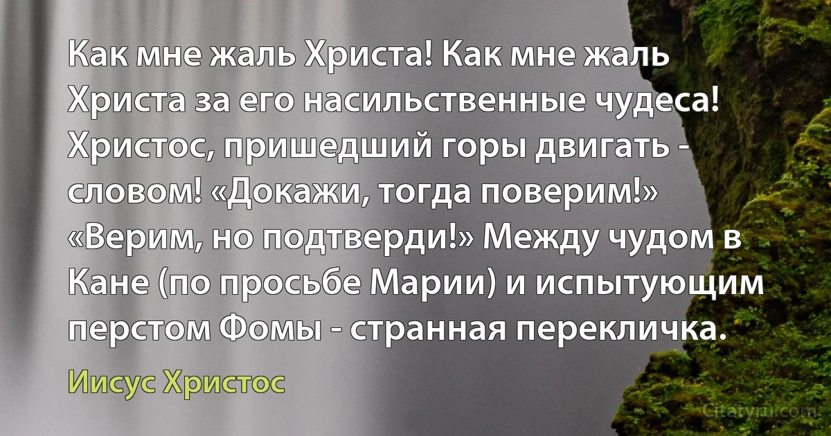 Как мне жаль Христа! Как мне жаль Христа за его насильственные чудеса! Христос, пришедший горы двигать - словом! «Докажи, тогда поверим!» «Верим, но подтверди!» Между чудом в Кане (по просьбе Марии) и испытующим перстом Фомы - странная перекличка. (Иисус Христос)