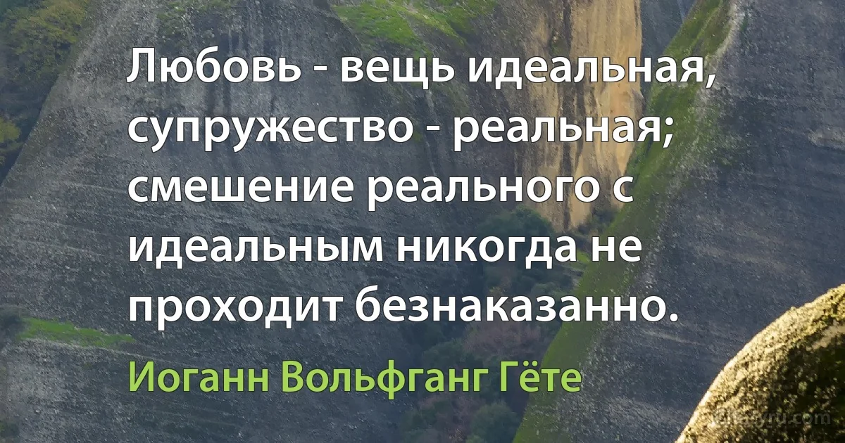 Любовь - вещь идеальная, супружество - реальная; смешение реального с идеальным никогда не проходит безнаказанно. (Иоганн Вольфганг Гёте)