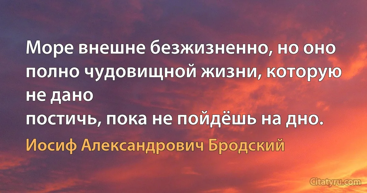 Море внешне безжизненно, но оно
полно чудовищной жизни, которую не дано
постичь, пока не пойдёшь на дно. (Иосиф Александрович Бродский)