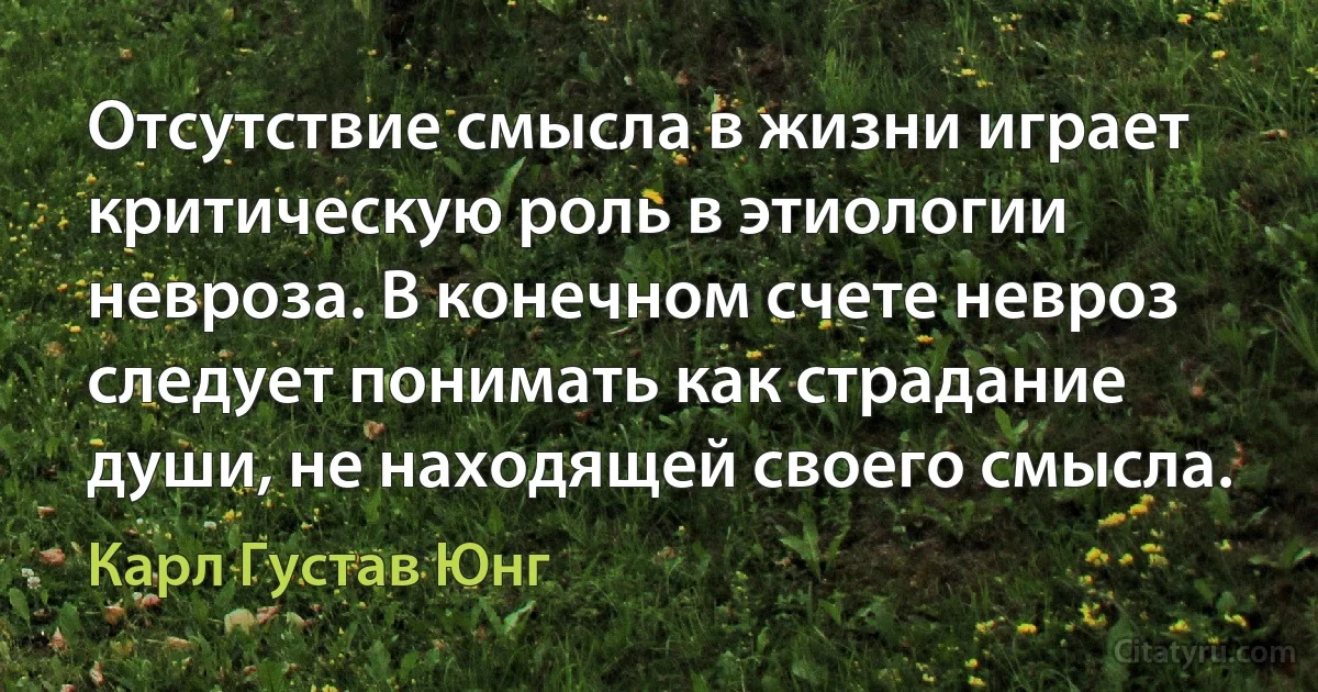 Отсутствие смысла в жизни играет критическую роль в этиологии невроза. В конечном счете невроз следует понимать как страдание души, не находящей своего смысла. (Карл Густав Юнг)