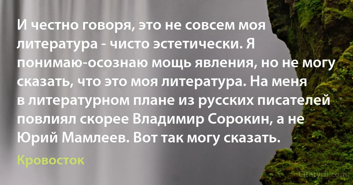 И честно говоря, это не совсем моя литература - чисто эстетически. Я понимаю-осознаю мощь явления, но не могу сказать, что это моя литература. На меня в литературном плане из русских писателей повлиял скорее Владимир Сорокин, а не Юрий Мамлеев. Вот так могу сказать. (Кровосток)