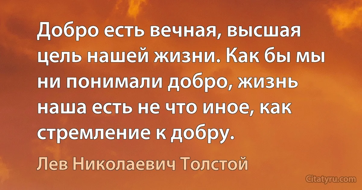 Добро есть вечная, высшая цель нашей жизни. Как бы мы ни понимали добро, жизнь наша есть не что иное, как стремление к добру. (Лев Николаевич Толстой)