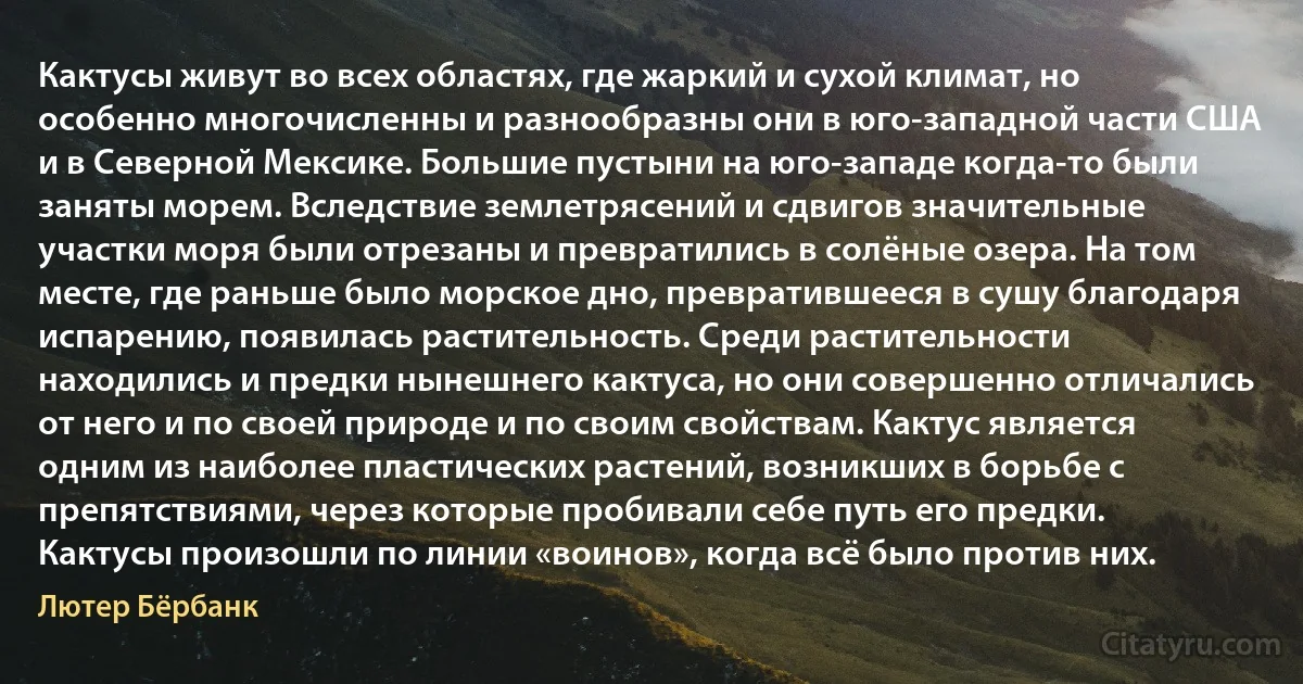 Кактусы живут во всех областях, где жаркий и сухой климат, но особенно многочисленны и разнообразны они в юго-западной части США и в Северной Мексике. Большие пустыни на юго-западе когда-то были заняты морем. Вследствие землетрясений и сдвигов значительные участки моря были отрезаны и превратились в солёные озера. На том месте, где раньше было морское дно, превратившееся в сушу благодаря испарению, появилась растительность. Среди растительности находились и предки нынешнего кактуса, но они совершенно отличались от него и по своей природе и по своим свойствам. Кактус является одним из наиболее пластических растений, возникших в борьбе с препятствиями, через которые пробивали себе путь его предки. Кактусы произошли по линии «воинов», когда всё было против них. (Лютер Бёрбанк)