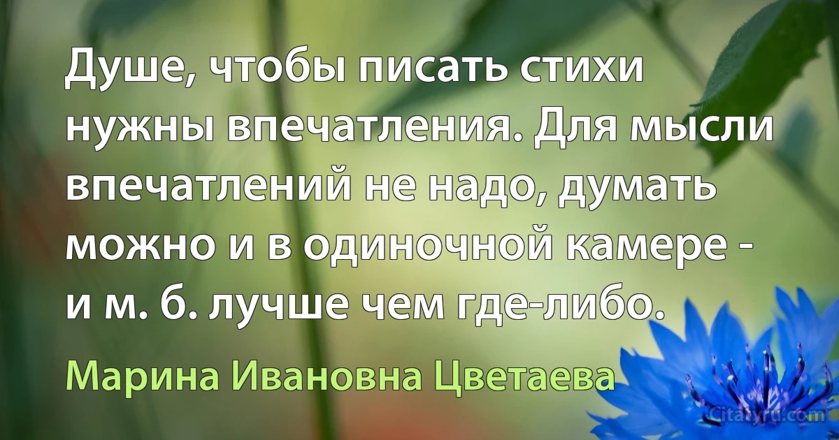 Душе, чтобы писать стихи нужны впечатления. Для мысли впечатлений не надо, думать можно и в одиночной камере - и м. б. лучше чем где-либо. (Марина Ивановна Цветаева)