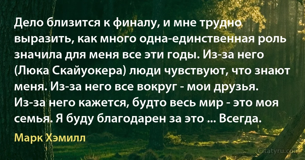 Дело близится к финалу, и мне трудно выразить, как много одна-единственная роль значила для меня все эти годы. Из-за него (Люка Скайуокера) люди чувствуют, что знают меня. Из-за него все вокруг - мои друзья. Из-за него кажется, будто весь мир - это моя семья. Я буду благодарен за это ... Всегда. (Марк Хэмилл)