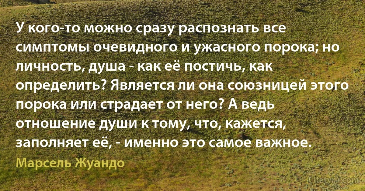 У кого-то можно сразу распознать все симптомы очевидного и ужасного порока; но личность, душа - как её постичь, как определить? Является ли она союзницей этого порока или страдает от него? А ведь отношение души к тому, что, кажется, заполняет её, - именно это самое важное. (Марсель Жуандо)