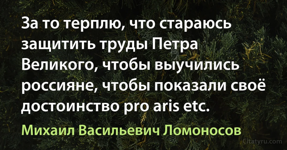 За то терплю, что стараюсь защитить труды Петра Великого, чтобы выучились россияне, чтобы показали своё достоинство pro aris etc. (Михаил Васильевич Ломоносов)