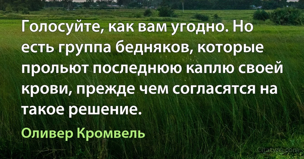 Голосуйте, как вам угодно. Но есть группа бедняков, которые прольют последнюю каплю своей крови, прежде чем согласятся на такое решение. (Оливер Кромвель)