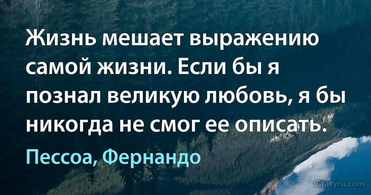 Жизнь мешает выражению самой жизни. Если бы я познал великую любовь, я бы никогда не смог ее описать. (Пессоа, Фернандо)