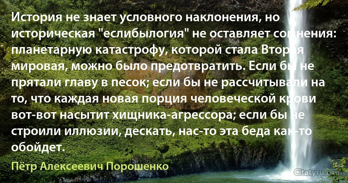 История не знает условного наклонения, но историческая "еслибылогия" не оставляет сомнения: планетарную катастрофу, которой стала Вторая мировая, можно было предотвратить. Если бы не прятали главу в песок; если бы не рассчитывали на то, что каждая новая порция человеческой крови вот-вот насытит хищника-агрессора; если бы не строили иллюзии, дескать, нас-то эта беда как-то обойдет. (Пётр Алексеевич Порошенко)