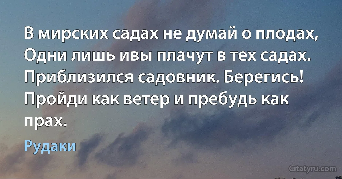 В мирских садах не думай о плодах,
Одни лишь ивы плачут в тех садах.
Приблизился садовник. Берегись!
Пройди как ветер и пребудь как прах. (Рудаки)