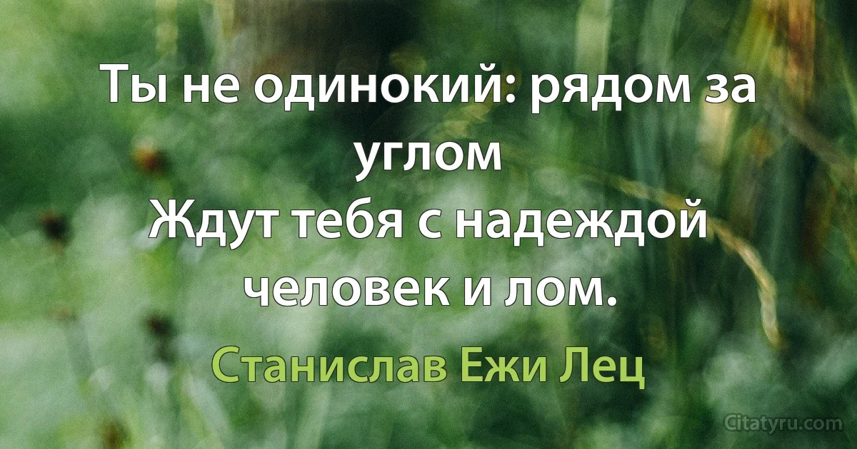 Ты не одинокий: рядом за углом
Ждут тебя с надеждой человек и лом. (Станислав Ежи Лец)