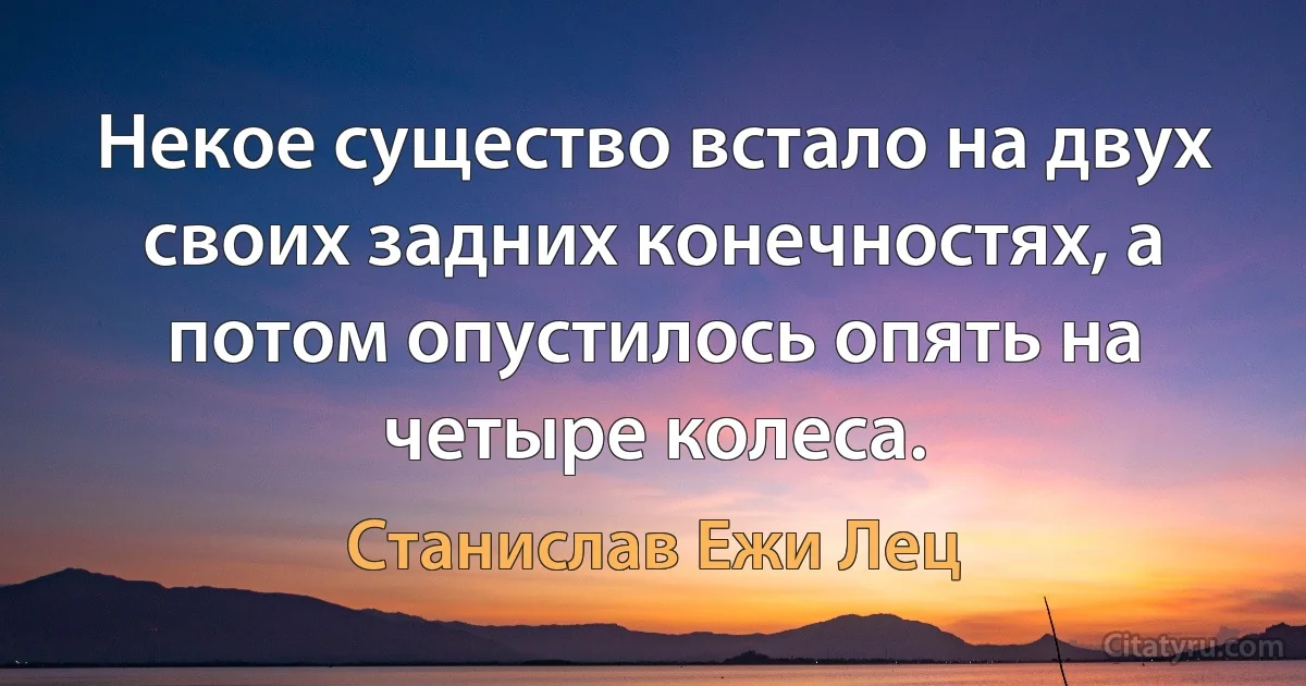 Некое существо встало на двух своих задних конечностях, а потом опустилось опять на четыре колеса. (Станислав Ежи Лец)