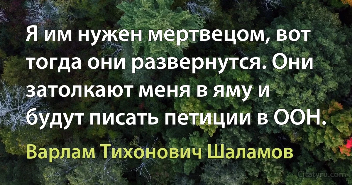 Я им нужен мертвецом, вот тогда они развернутся. Они затолкают меня в яму и будут писать петиции в ООН. (Варлам Тихонович Шаламов)