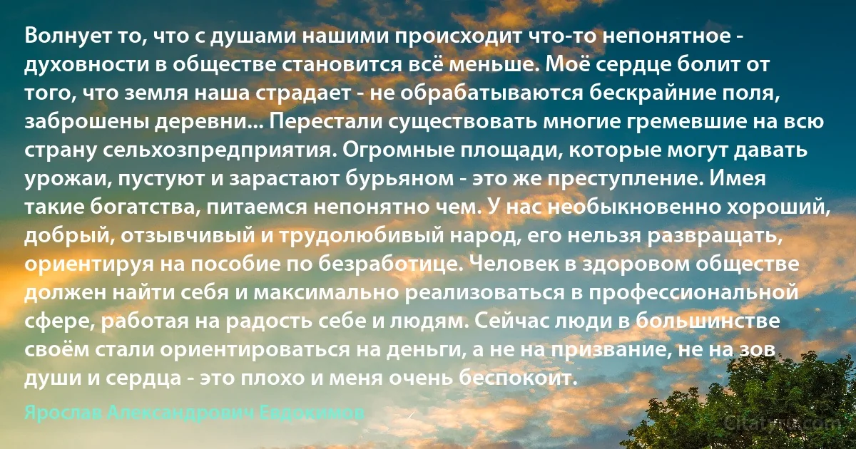 Волнует то, что с душами нашими происходит что-то непонятное - духовности в обществе становится всё меньше. Моё сердце болит от того, что земля наша страдает - не обрабатываются бескрайние поля, заброшены деревни... Перестали существовать многие гремевшие на всю страну сельхозпредприятия. Огромные площади, которые могут давать урожаи, пустуют и зарастают бурьяном - это же преступление. Имея такие богатства, питаемся непонятно чем. У нас необыкновенно хороший, добрый, отзывчивый и трудолюбивый народ, его нельзя развращать, ориентируя на пособие по безработице. Человек в здоровом обществе должен найти себя и максимально реализоваться в профессиональной сфере, работая на радость себе и людям. Сейчас люди в большинстве своём стали ориентироваться на деньги, а не на призвание, не на зов души и сердца - это плохо и меня очень беспокоит. (Ярослав Александрович Евдокимов)