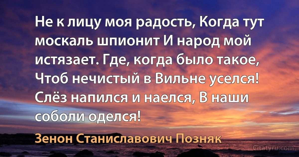 Не к лицу моя радость, Когда тут москаль шпионит И народ мой истязает. Где, когда было такое, Чтоб нечистый в Вильне уселся! Слёз напился и наелся, В наши соболи оделся! (Зенон Станиславович Позняк)