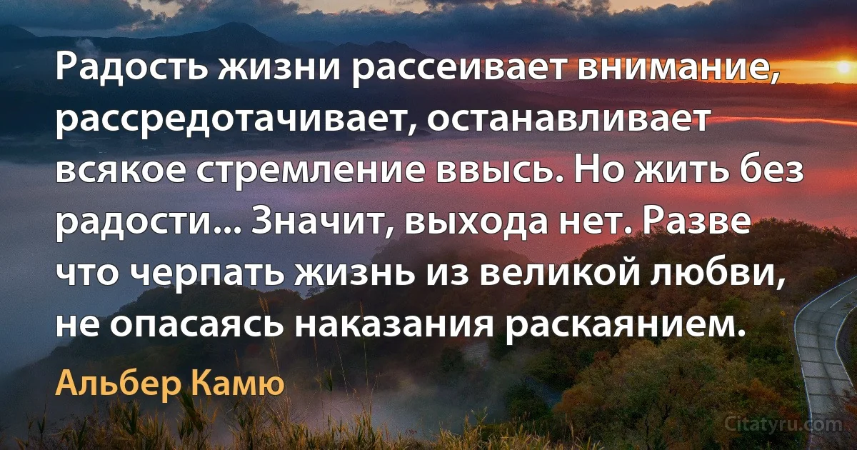 Радость жизни рассеивает внимание, рассредотачивает, останавливает всякое стремление ввысь. Но жить без радости... Значит, выхода нет. Разве что черпать жизнь из великой любви, не опасаясь наказания раскаянием. (Альбер Камю)