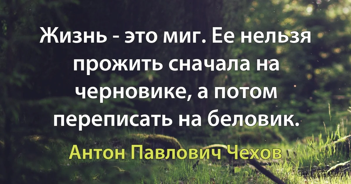 Жизнь - это миг. Ее нельзя прожить сначала на черновике, а потом переписать на беловик. (Антон Павлович Чехов)